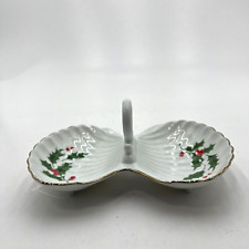 Vintage Christmas Candy Dish Gold Trim with Holly Berry Japan Ceramic picture