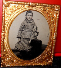 1/6th Size Tintype of young girl and doll in brass mat/frame picture