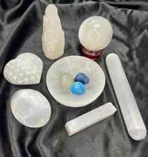 7 pc Large White Selenite Charging Set Bowl Tower Wand Palm Stone Heart Stick picture