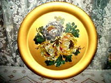 VINTAGE HP TOLE TRAY ROUND GOLD CHRYSANTHEMUM BIG FLOWERS 1960s MID CENTURY picture