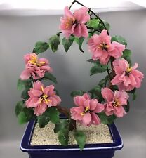 VTG rare crescent bonsai Azalea cobalt pot ceramic￼ pink jade wired glass decor picture