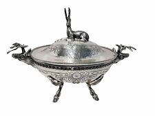Vintage Early 20th Century Engraved Silver Plate Elk Motif Soup Tureen Buffet picture