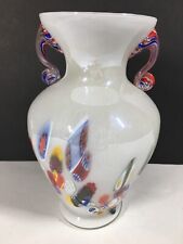 Vintage Lavorazione Murano Millefiori White Iridescent Glass Vase Italy 8.5