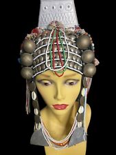 Vintage Akha Hill Tribe Headdress Coins Shells Beading Metal Thailand picture