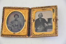 VINTAGE 1/6th Plate Mother of Pearl Case TWO Ambrotype GENTLEMEN LARGE TOP HAT picture