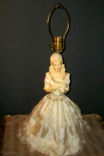 ANTIQUE FRENCH LADY CHALKWARE LAMP DRESSED HALF DOLL DOUBLE SILK RIBBON FLOWERS picture