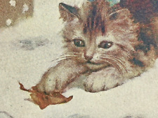 Tucks Cat Postcard Oilette A Little Victim Snow Scene Blue Red Bows B Cobbe a/s picture