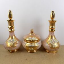 Murano Glass Tre Fouchi Vanity Set Perfume Bottles & Puff Box Pink & Gold picture