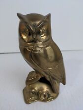 BRASS OWL perched on a log Statue, Figurine, 6” Tall Birds picture