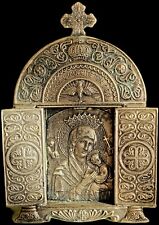 Antique Religious Triptych Icon Madonna and Child Altar Piece Ornate Travel  picture