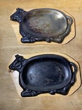 Vintage Cast Iron Bull Skillet Set Of Two With Wooden Trivet Please Read picture