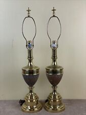 Pair (2) Stiffel Brass Antiqued Urn Table Lamps 32” Banana Leaf Feather Motif picture