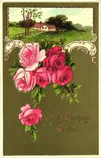 Scenic Home, Beautiful Pink and Red Roses, Hearty Birthday Wishes Postcard picture