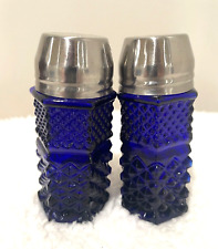 Vintage Cobalt Blue Diamond Pattern Glass Salt and Pepper Shakers picture