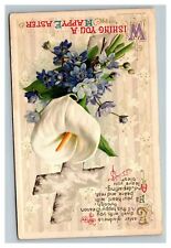 Vintage 1915 Winsch Back Easter Postcard - Cross Purple & White Flowers Poem picture