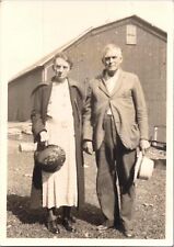 c1920 Elderly Man & Woman Fedora Hats Outside Of Barn Snapshot Photo picture
