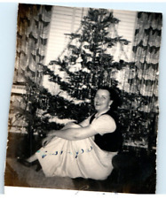 Vintage Photo 1953,  Woman Sat In Front Of Christmas Tree, JNHC 3.25x2.25 picture