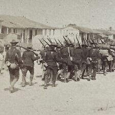 Antique 1899 US Army Soldiers Marching In Cuba Stereoview Photo Card P4983 picture