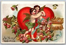 Antique Valentine Postcard Cupid Dancing Heart with Arrow Roses Feather 1910s J2 picture