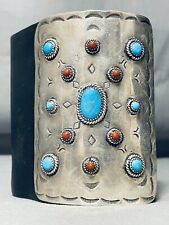 COLOSSAL VINTAGE NAVAJO TURQUOISE CORAL STERLING SILVER KETOH BRACELET picture