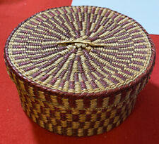 Vintage Grass Woven Basket With Lid. Maroon And Tan. 6” Dia. x 3” Tall. Perfect picture