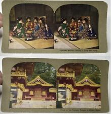 Stereoview Lot 2 Japanese Maidens Tea Party Yakushi Temple Nikko Japan c1906 picture
