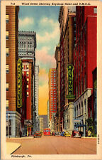Vtg Wood Street showing Keystone Hotel YMCA Pittsburgh Pennsylvania PA Postcard picture