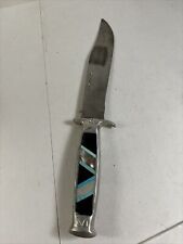 VINTAGE CUSTOM HUNTER BOWIE KNIFE WITH PEARL MOSIAC INLAY ALUMINUM HANDLE picture