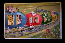 Cute Bunny Rabbits in Easter Egg Train ~& Flowers~ Easter Fantasy Postcard-h480 picture