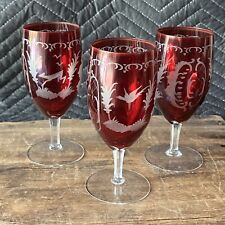 3 Stunning VTG 8oz Becher Bohemian Ruby Red Cut To Clear Wine Champagne Glasses picture