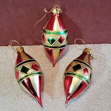 Lot of 3 Glass Teardrop Christmas Ornaments Red Green and Gold 4.5
