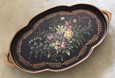 LARGE CASTILIAN IMPORTS PAINTED FLORAL BLACK GOLD MULTI WOODEN TRAY FOOTED picture