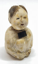 Tiny Antique Japanese Netsuke Doll Glass Eyes Flocked Hair 2” T 1”Wide Delicate picture