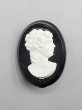 Vintage Cameo Pin Brooch Woman Face Black White Plastic Bakelite Oval picture