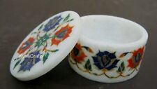 3 Inches Jewelry Box Inlaid with Floral Design Round White Marble Decorative Box picture