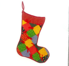 Vintage Christmas Stocking Patchwork Quilted Bright Colors EUC Dopamine Decor picture