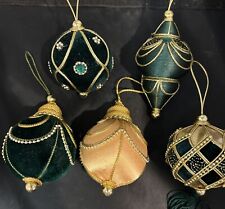 Vintage 1970’s Velvet Green and Gold 4-5” Hanging Christmas Ornaments Lot of 5 picture