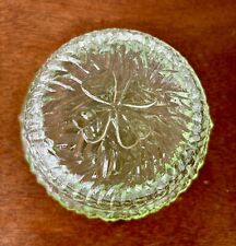 Vintage Green Glass Round Box Trinket Dish 4 Leaf Clover Lid Textured Glass picture