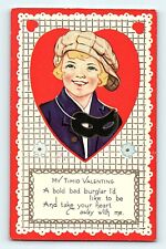 Valentines Day My Timid Valentine Boy w/ Black Mask Heart Lace Gold  Postcard E4 picture