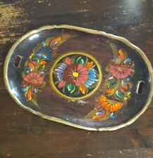 Vtg Mexican Folk Art Wooden Tray Carved Flora Hand Painted Serving picture