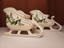Qty 2 FTD Ceramic Christmas Sleigh Seasonal Flower/Plant Planter Holly Design picture