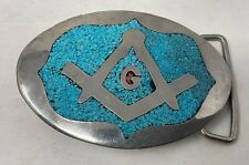Vintage 80s-90s MASONIC Turquoise & Coral Chip Inlay Belt Buckle picture