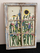Vintage Whitewashed Window Frame Painted Floral Scene Signed picture