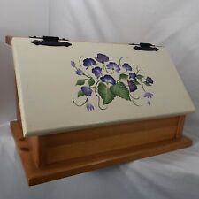 Wooden Bread Box with Hand Painted Pansy Flowers on Hinged Cover 16.25x16.5