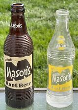 2 Vintage 1955 & 1960's Mason's Root Beer Brown & Clear Soda Bottles Advertising picture