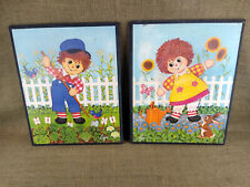 Vintage Raggedy Ann and Andy Wall Art Hanging Wood Plaques Farm w Flowers Bird picture