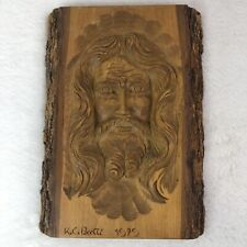 Vintage 1979 Folk Art Jesus Wood Hand Carved Relief  Carving Wooden Plank Plaque picture