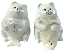 Vintage Cat Kitten Holding Fish White Salt and Pepper Shakers picture