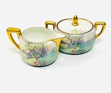 Antique Pickard hand painted scenery sugar& cream set, excellent Gold Gilt picture