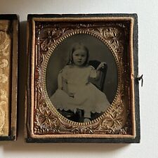 Antique Tintype Photograph Very Adorable But Somber Little Girl Curled Hair picture